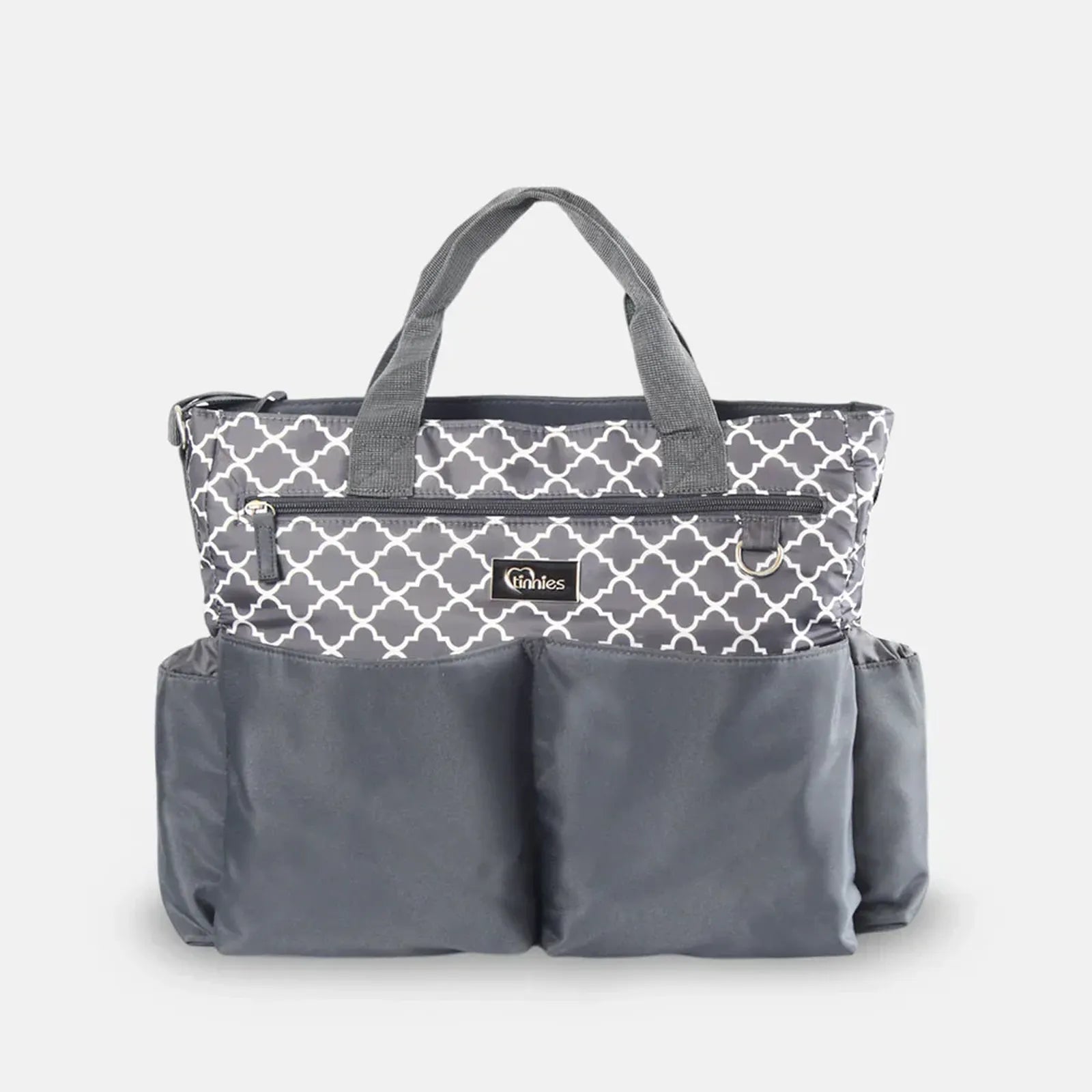 Gray and white patterned tote bag on a white background