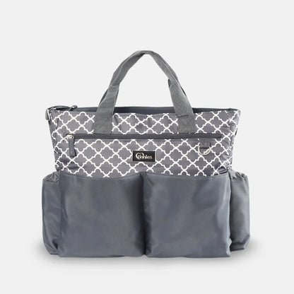Gray and white patterned tote bag on a white background