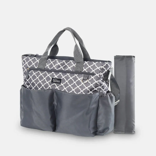 Gray and patterned diaper bag with a separate pouch on a light gray background