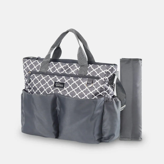 Gray and patterned diaper bag with a separate pouch on a light gray background
