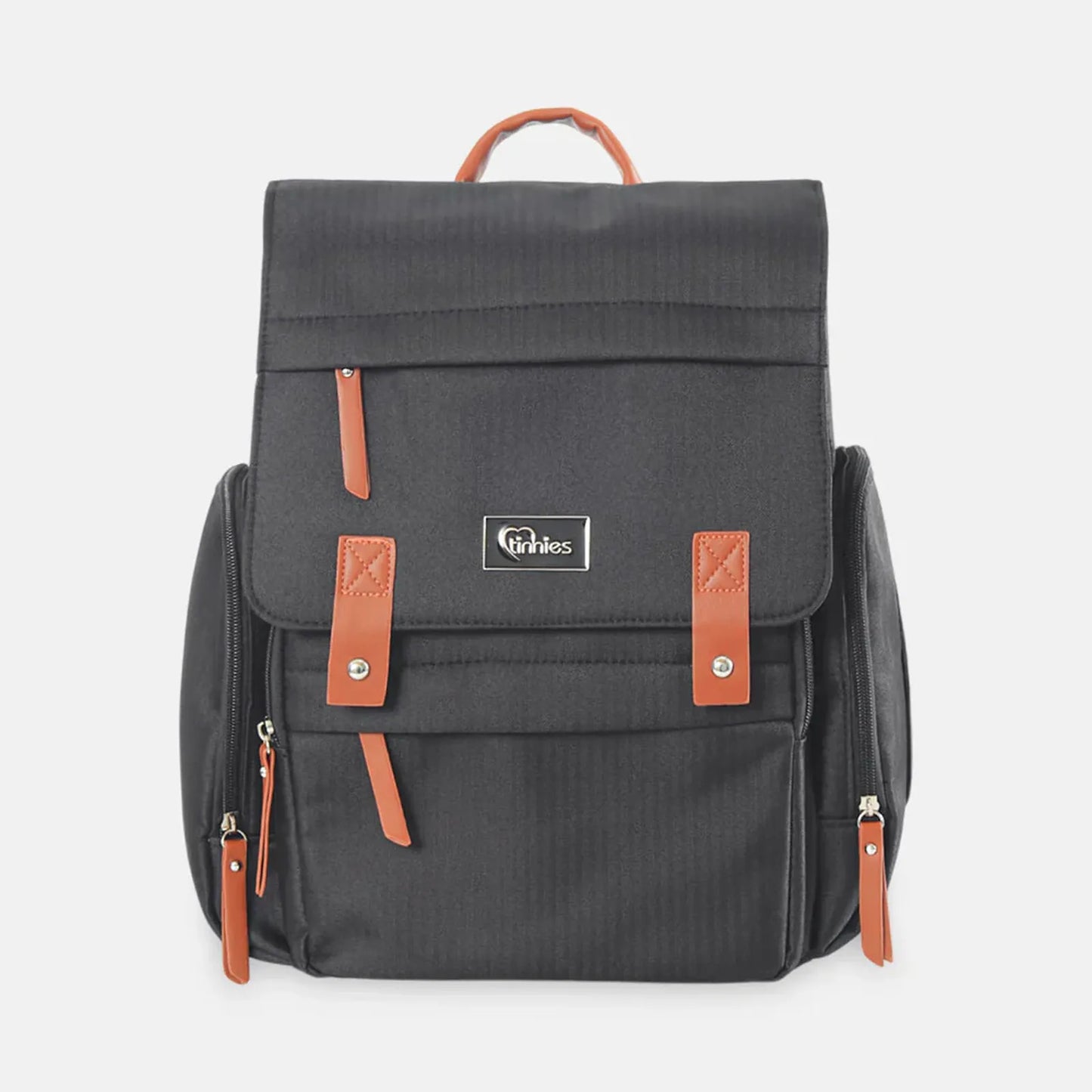 Black backpack with brown straps on a white background