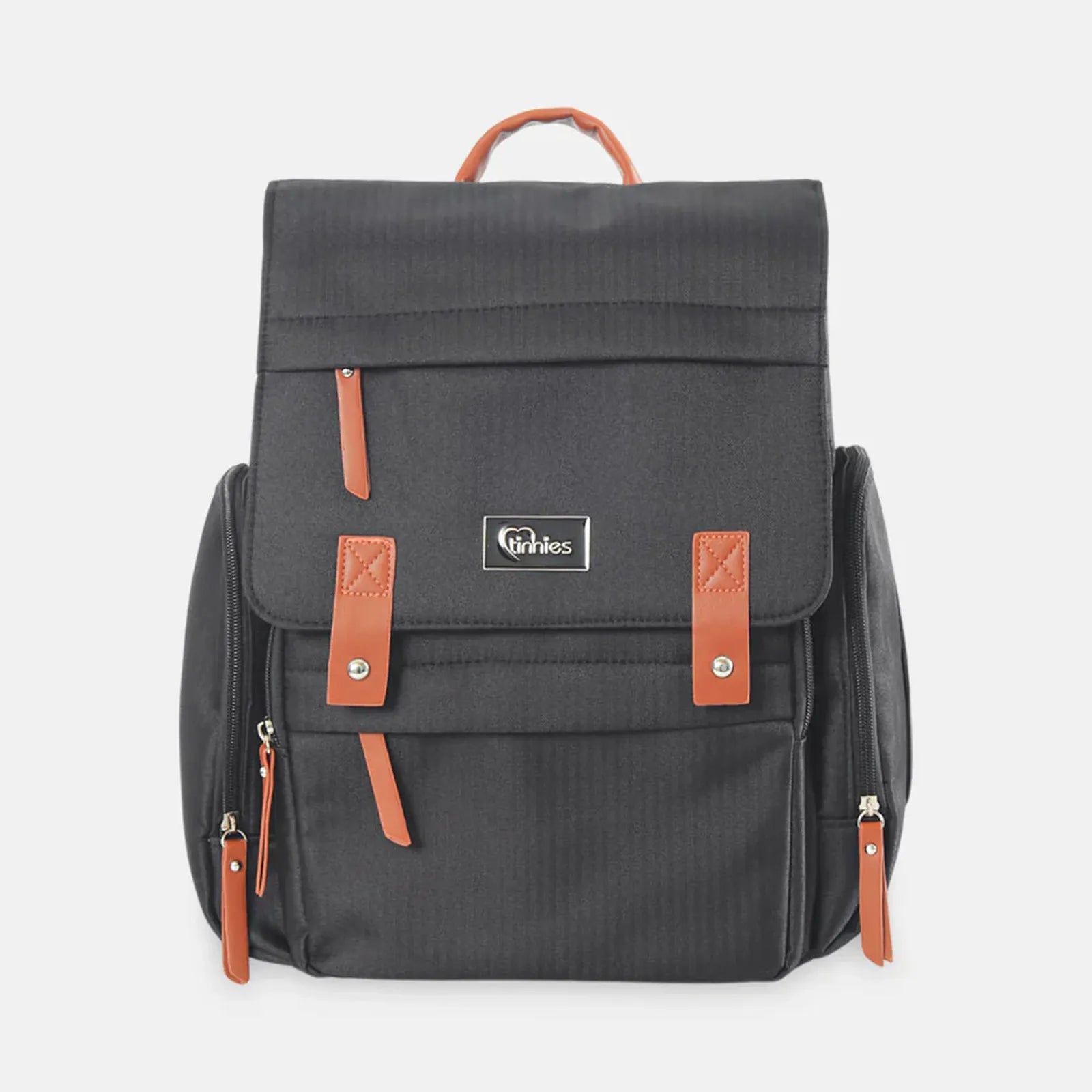 Black backpack with brown straps on a white background