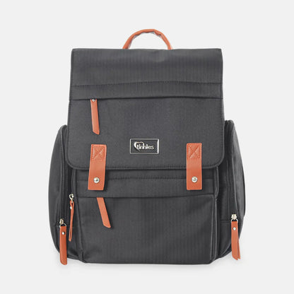 Black backpack with brown straps on a white background