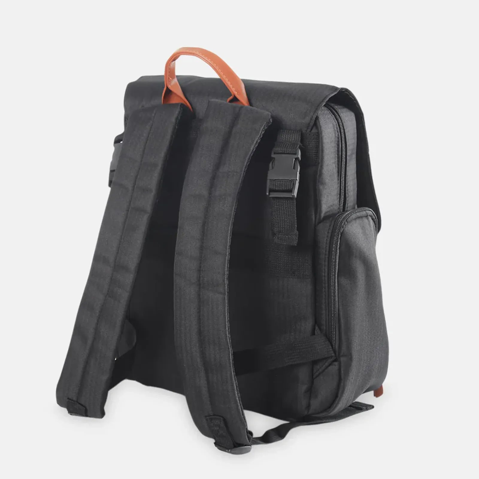 Black backpack with orange straps on a white background