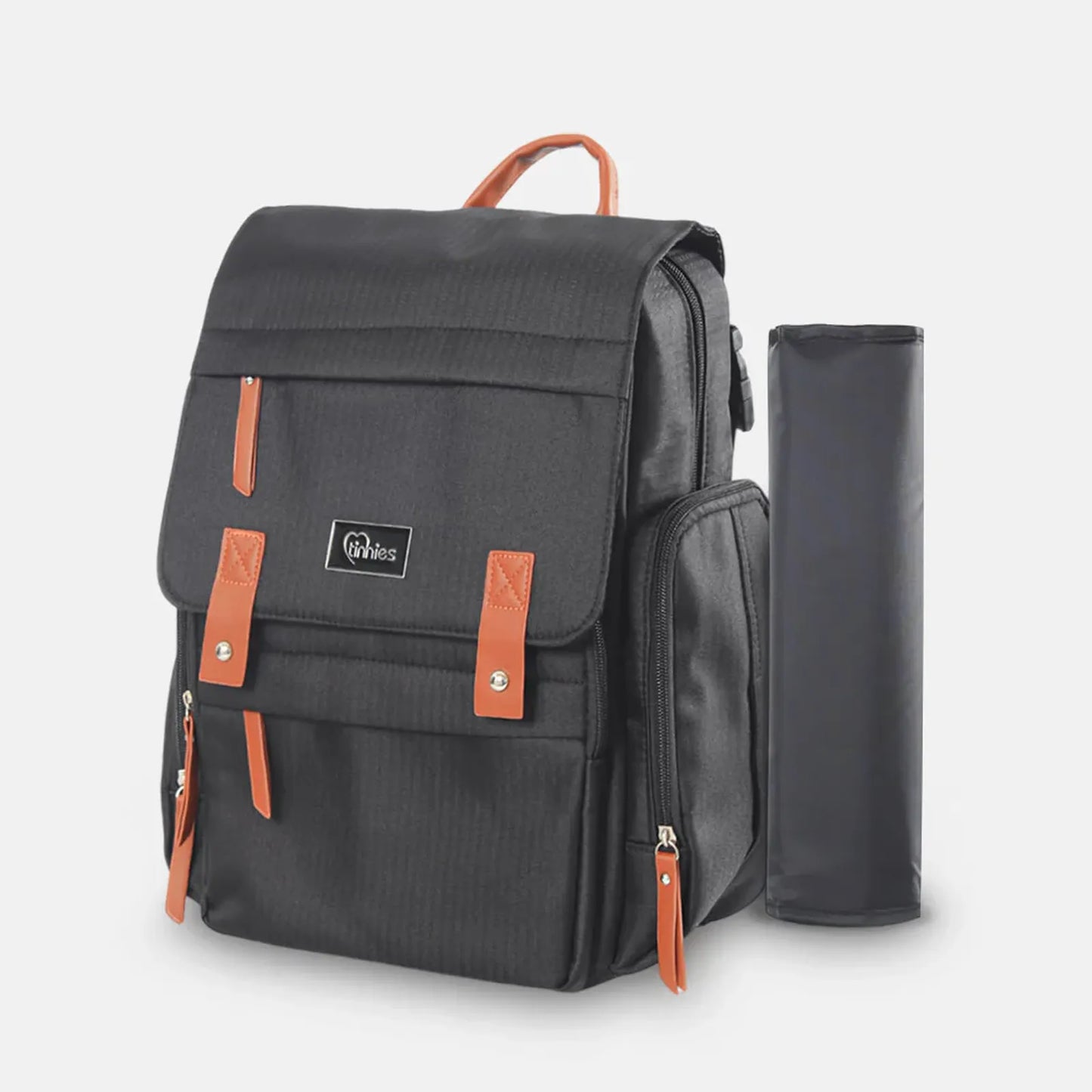 Black backpack with orange accents and a matching pouch on a light gray background
