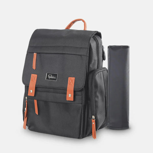 Black backpack with orange accents and a matching pouch on a light gray background