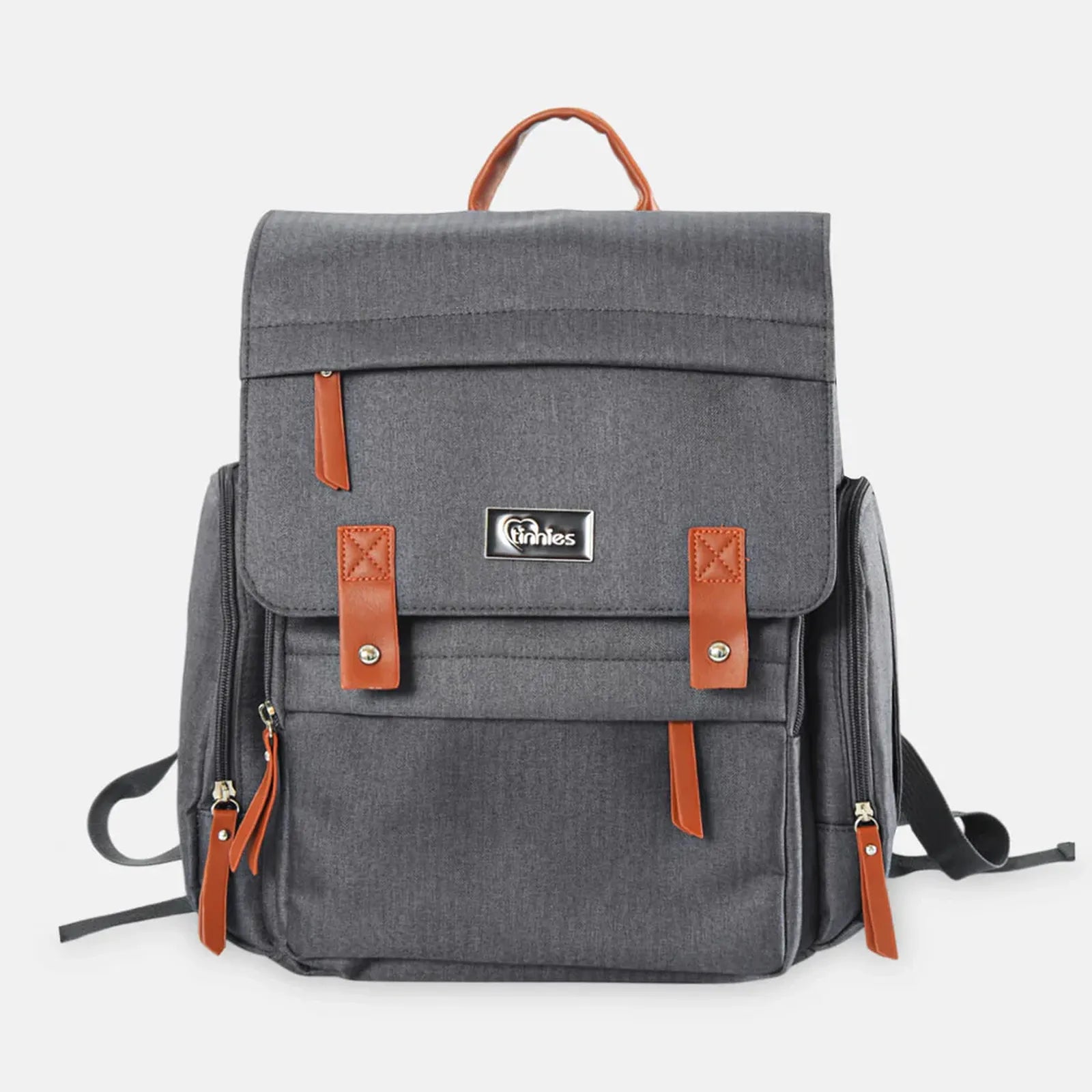 Gray backpack with brown leather straps on a white background