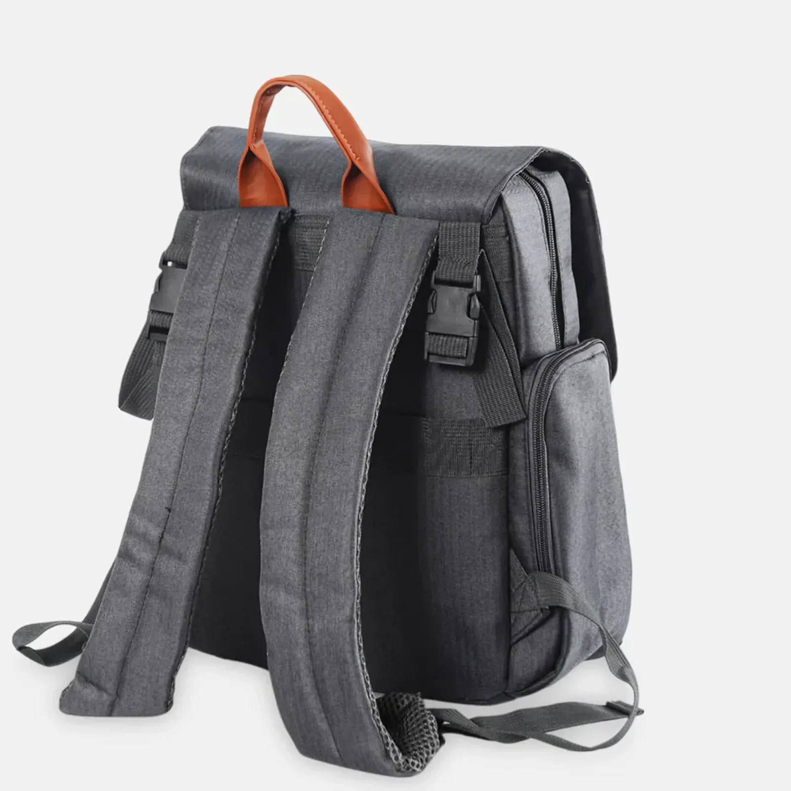 Gray backpack with brown handle on a white background