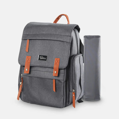 Gray backpack with brown accents and a matching pouch on a light gray background