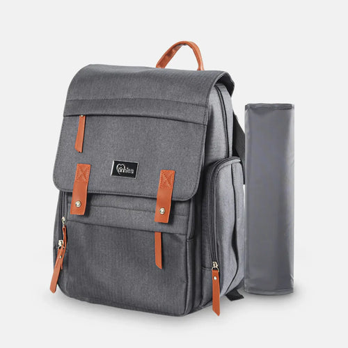 Gray backpack with brown accents and a matching pouch on a light gray background