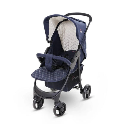 Navy blue stroller with white interior on a white background