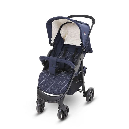 Navy blue and gray stroller with quilted seat on a white background