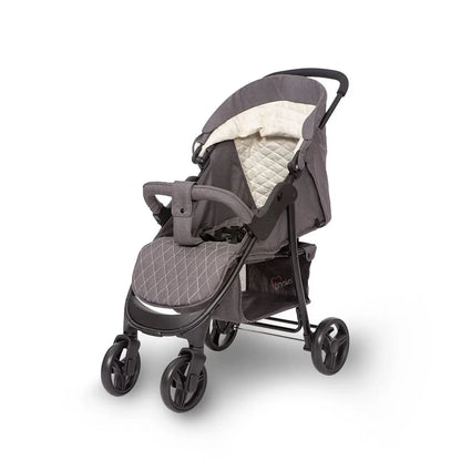 Gray and black stroller with quilted seat on a white background