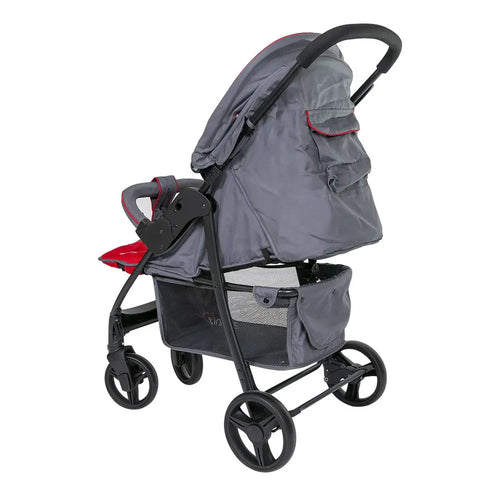 Gray and black stroller with a red seat on a white background