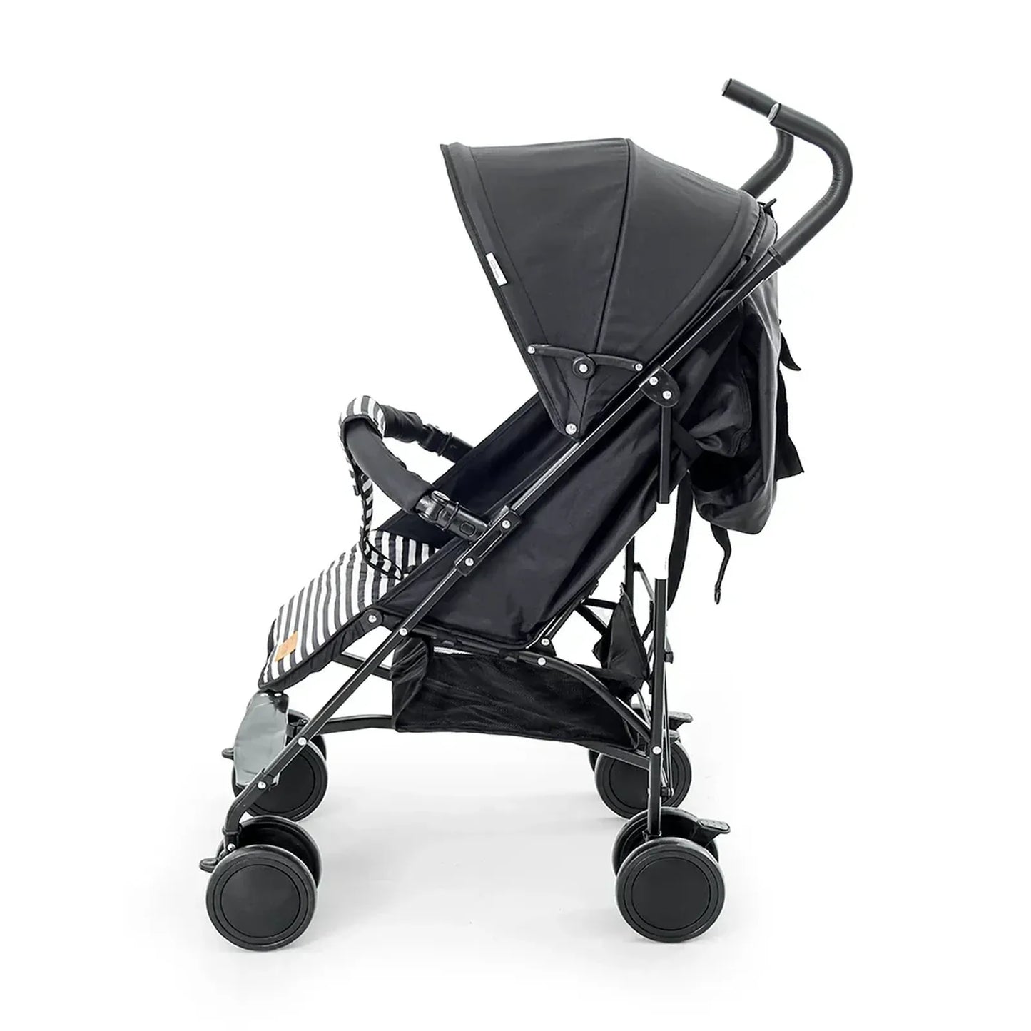 Black stroller with a baby seat on a white background