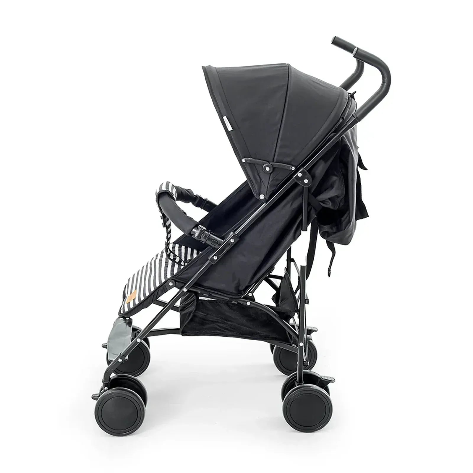 Black stroller with a baby seat on a white background