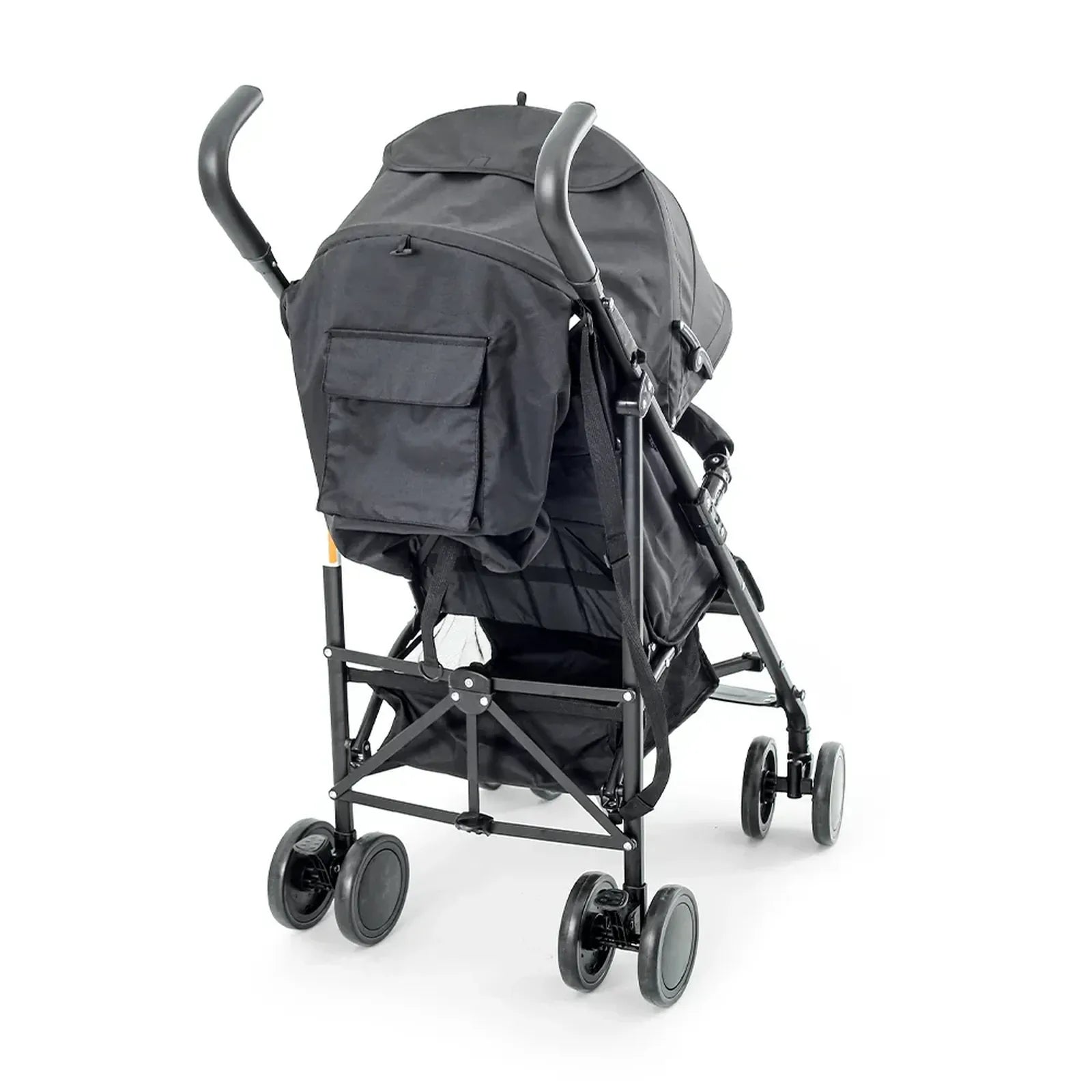 Black stroller with folded canopy on a white background