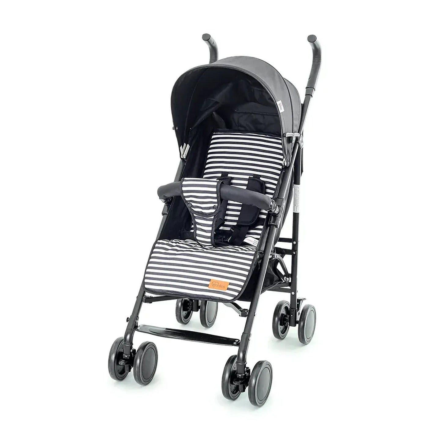 Stroller with a striped seat cover on a white background