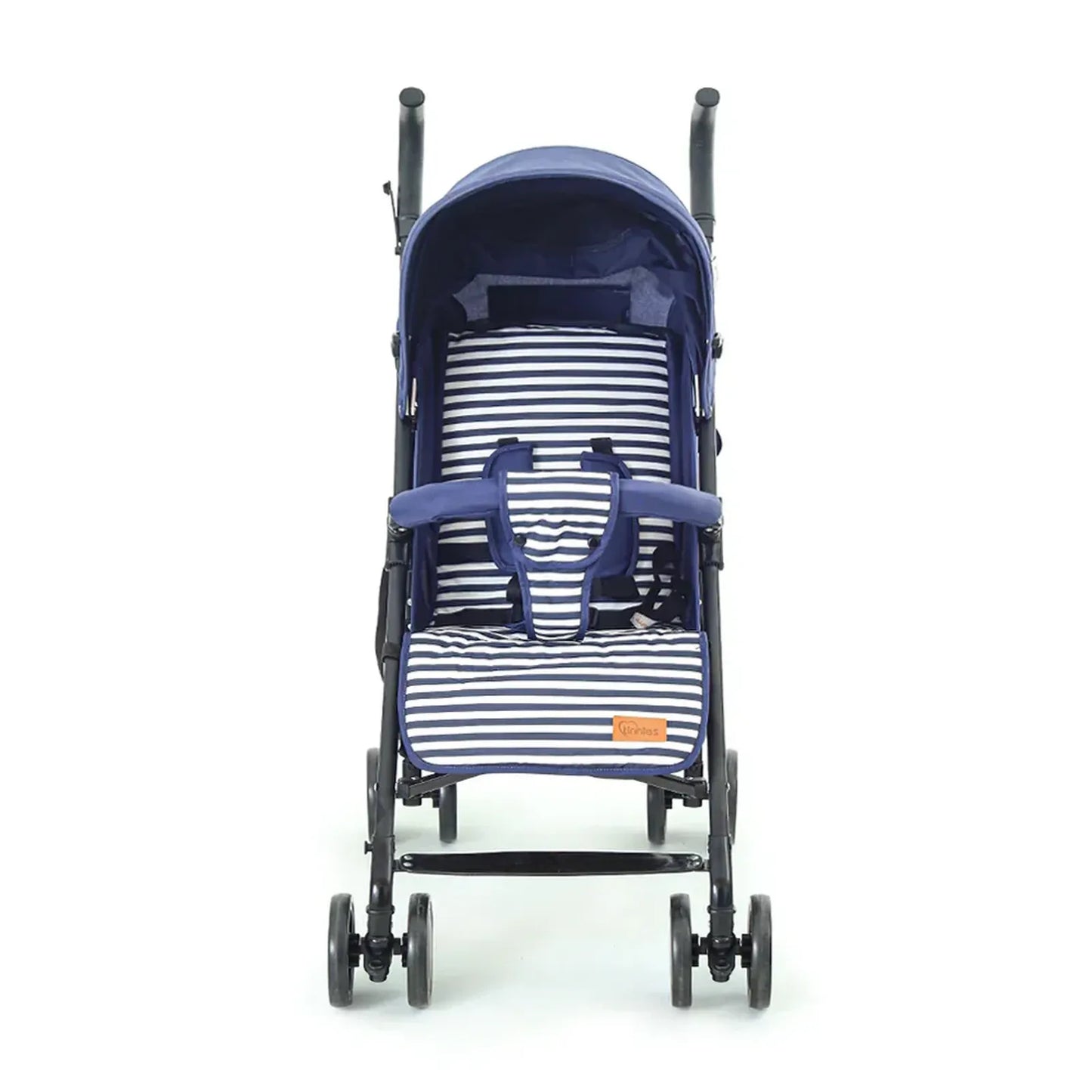 Navy and white striped baby stroller on a white background