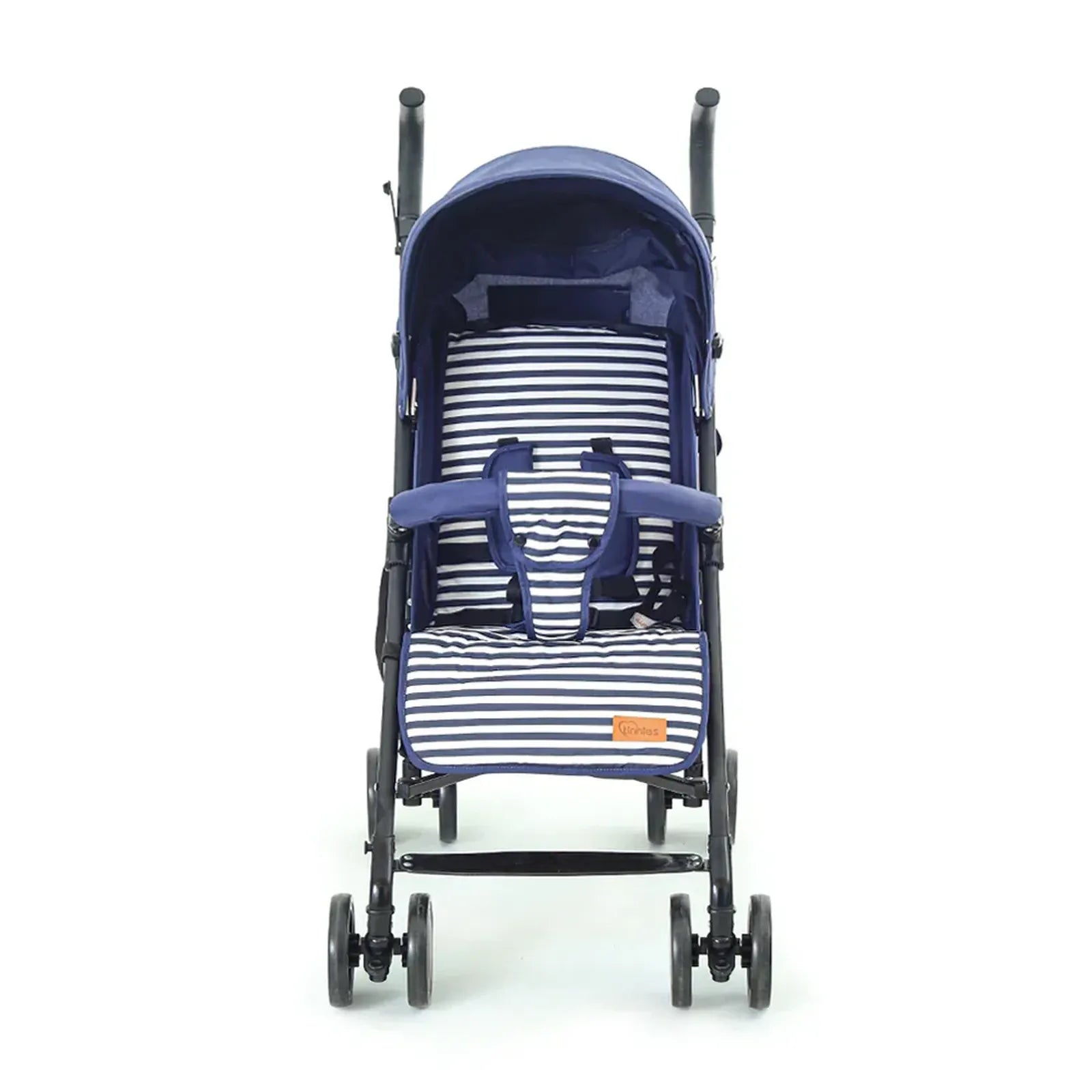 Navy and white striped baby stroller on a white background
