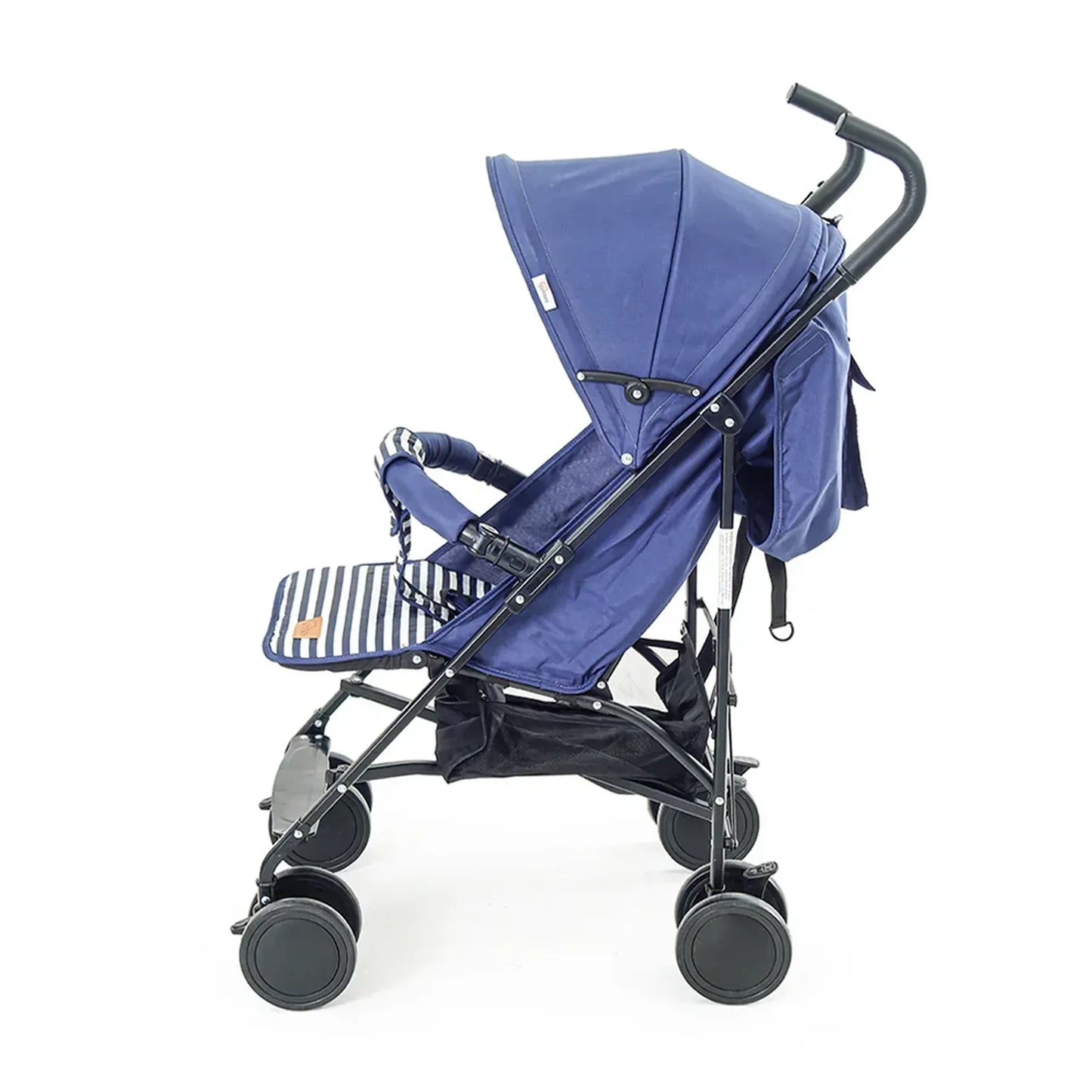 Blue baby stroller with a striped seat cover on a white background
