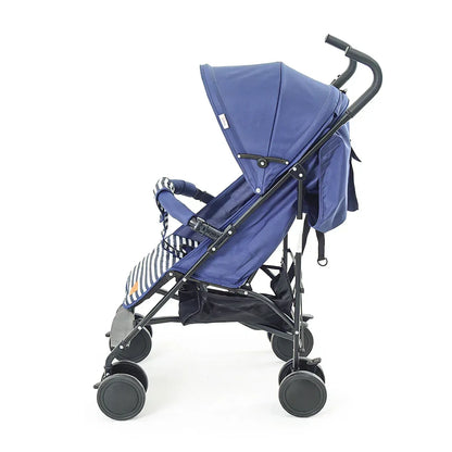 Blue baby stroller with a black frame on a white background