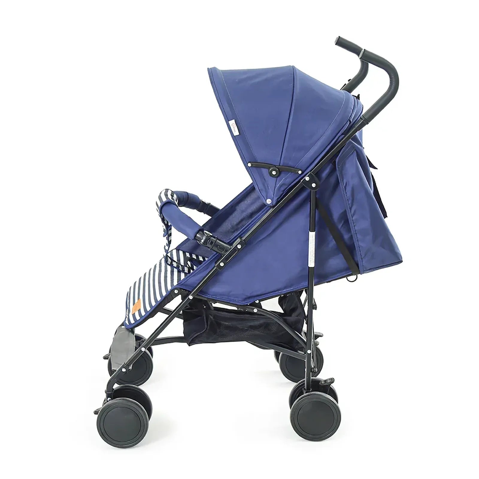 Blue stroller with a folded canopy on a white background