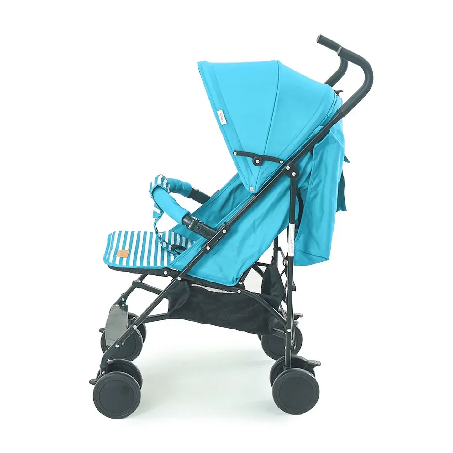 Blue stroller with a striped cushion on a white background