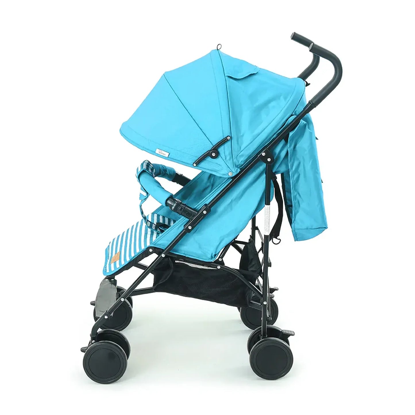 Blue baby stroller with black frame on a white background