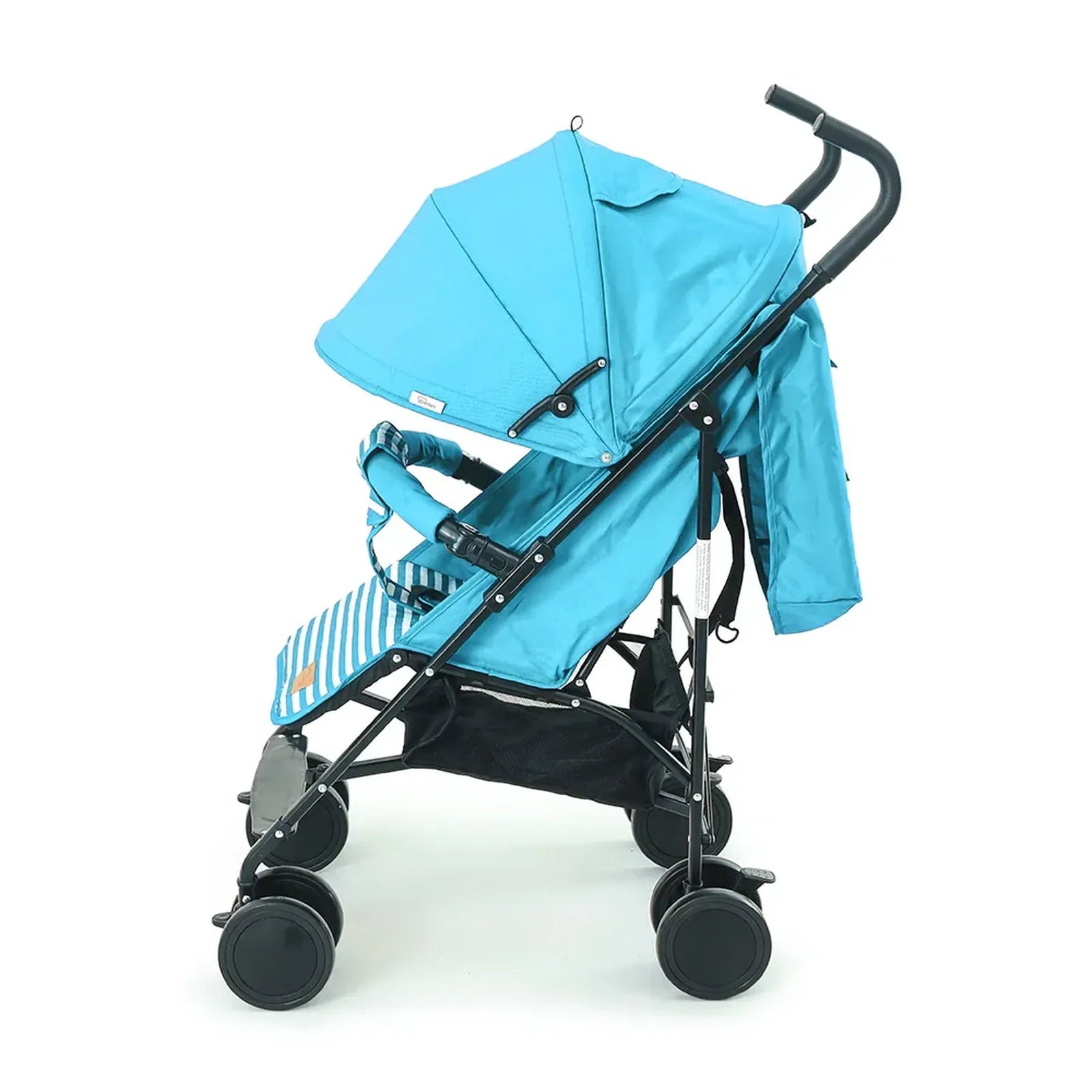 Blue baby stroller with black frame on a white background