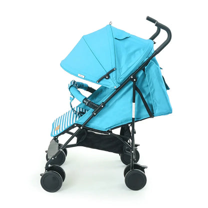 Blue baby stroller on a white background