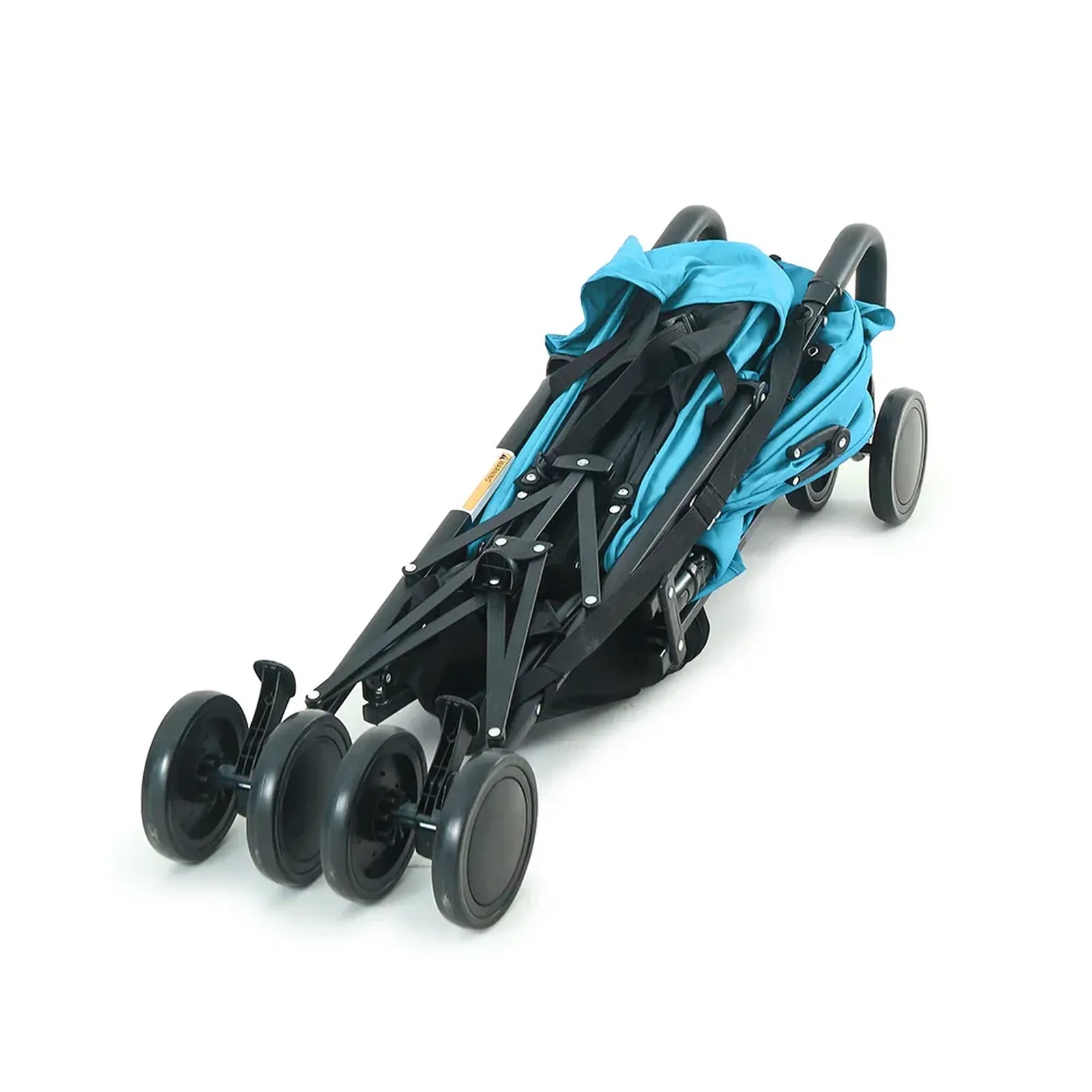 Blue and black stroller on a white background