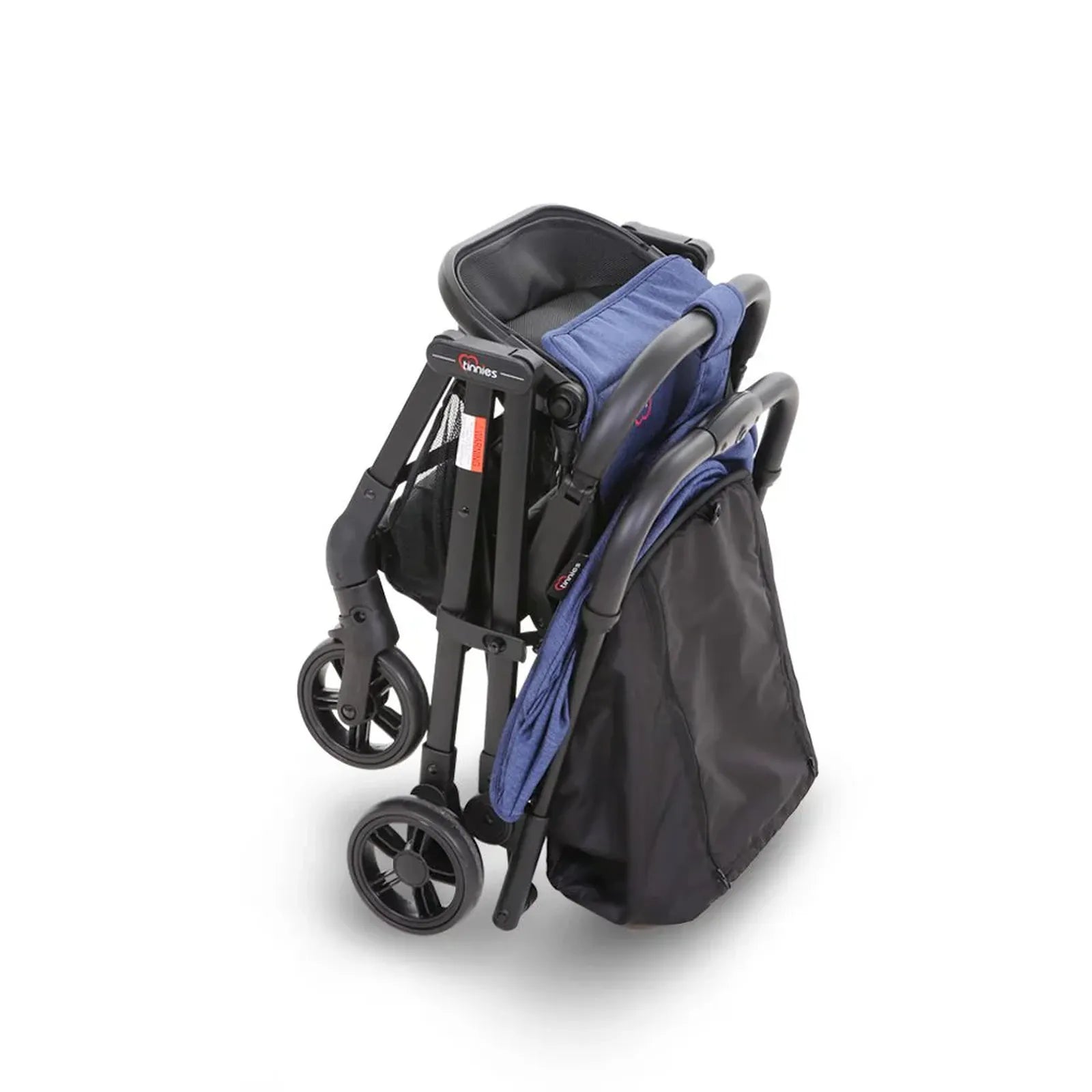 Compact black stroller with blue seat cover on a white background