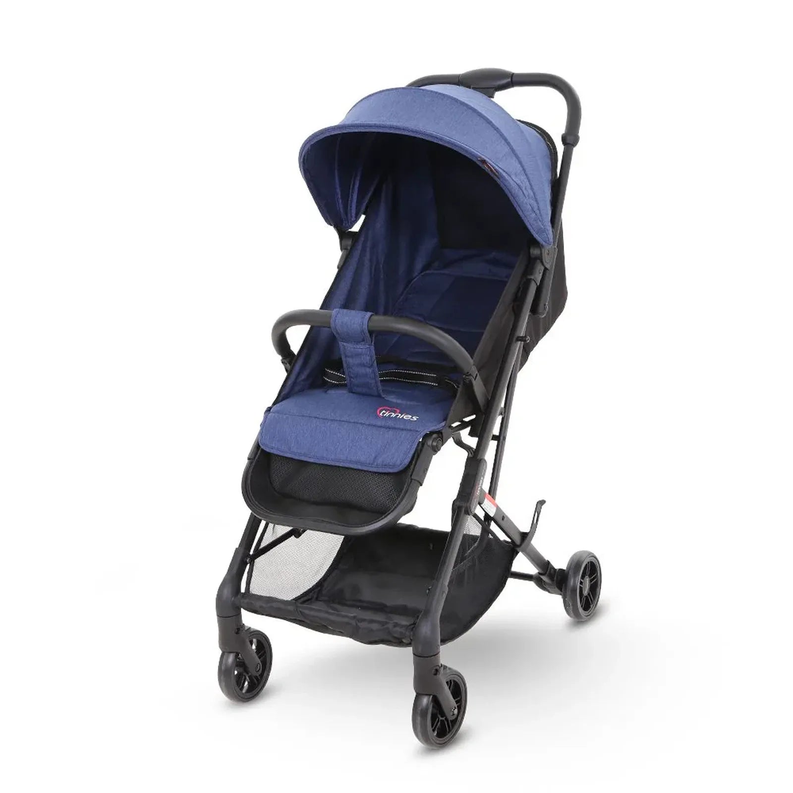 Blue and black stroller on a white background