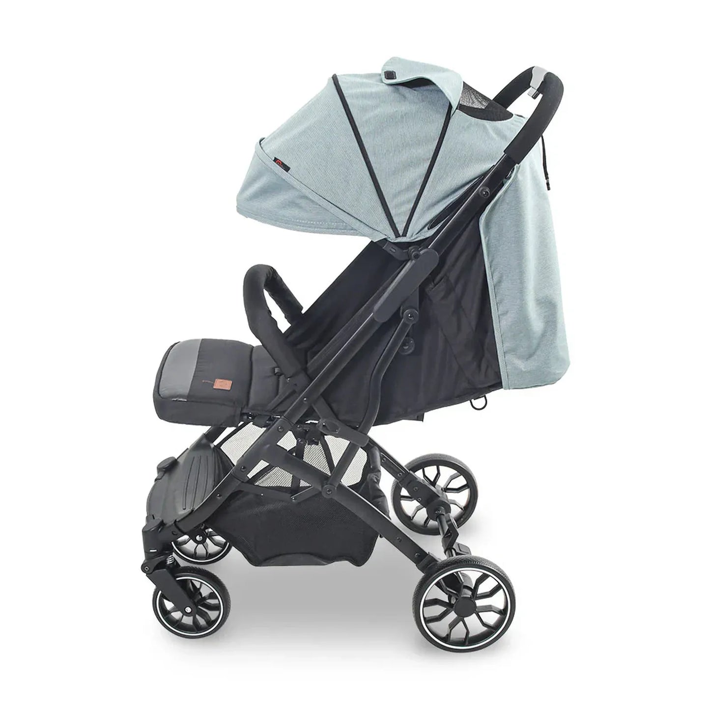 Black stroller with a gray canopy on a white background