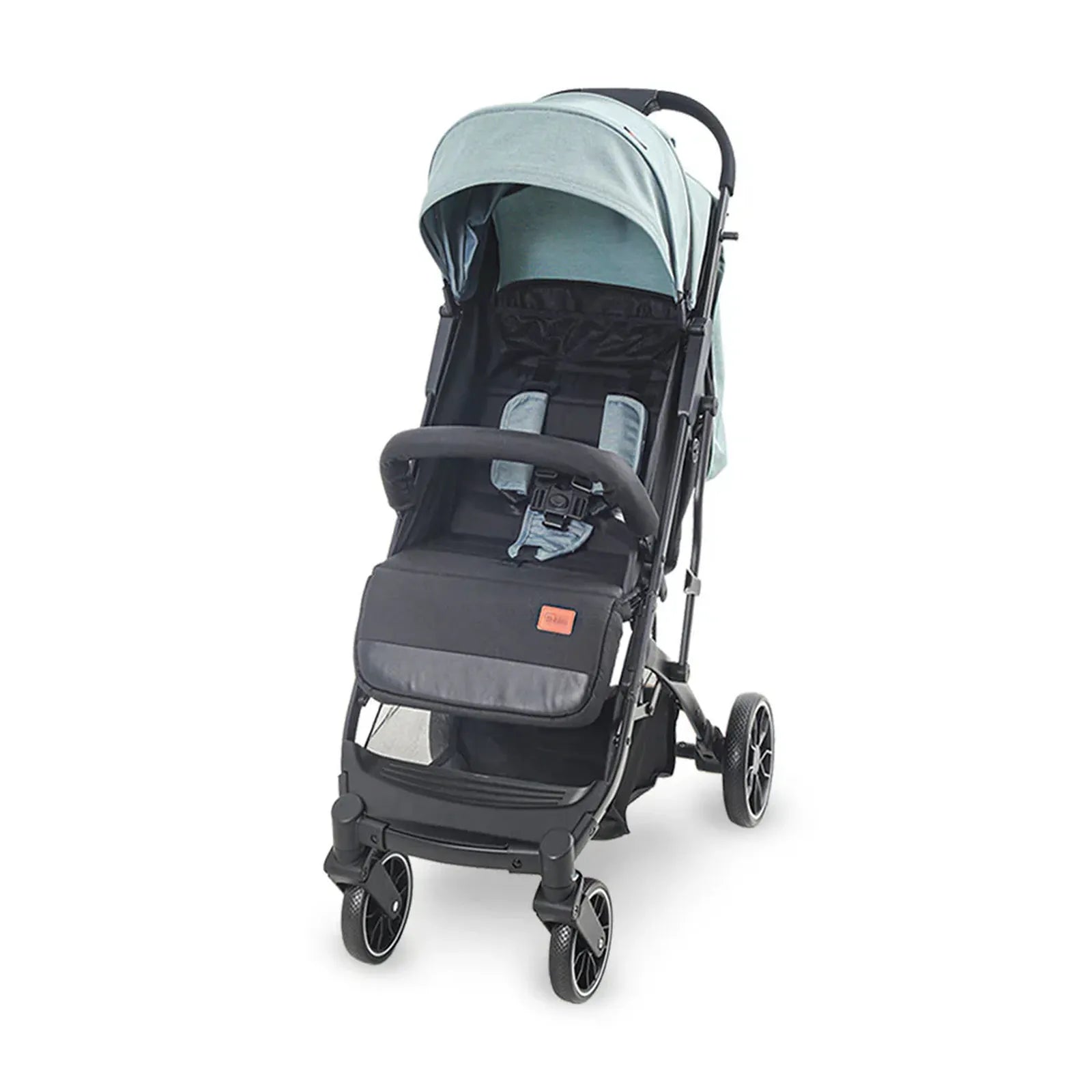 Stroller with a light blue canopy on a white background