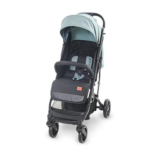 Stroller with a light blue canopy on a white background