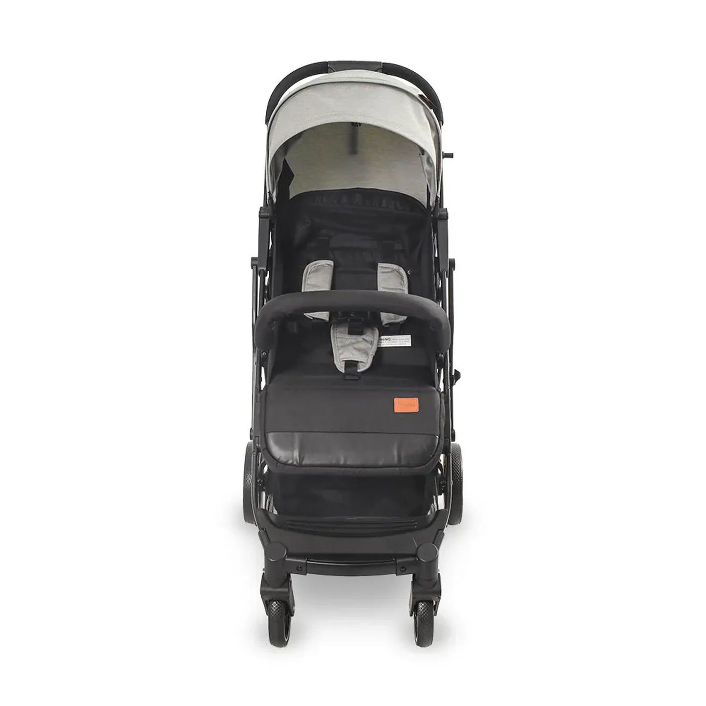Black and gray stroller on a white background