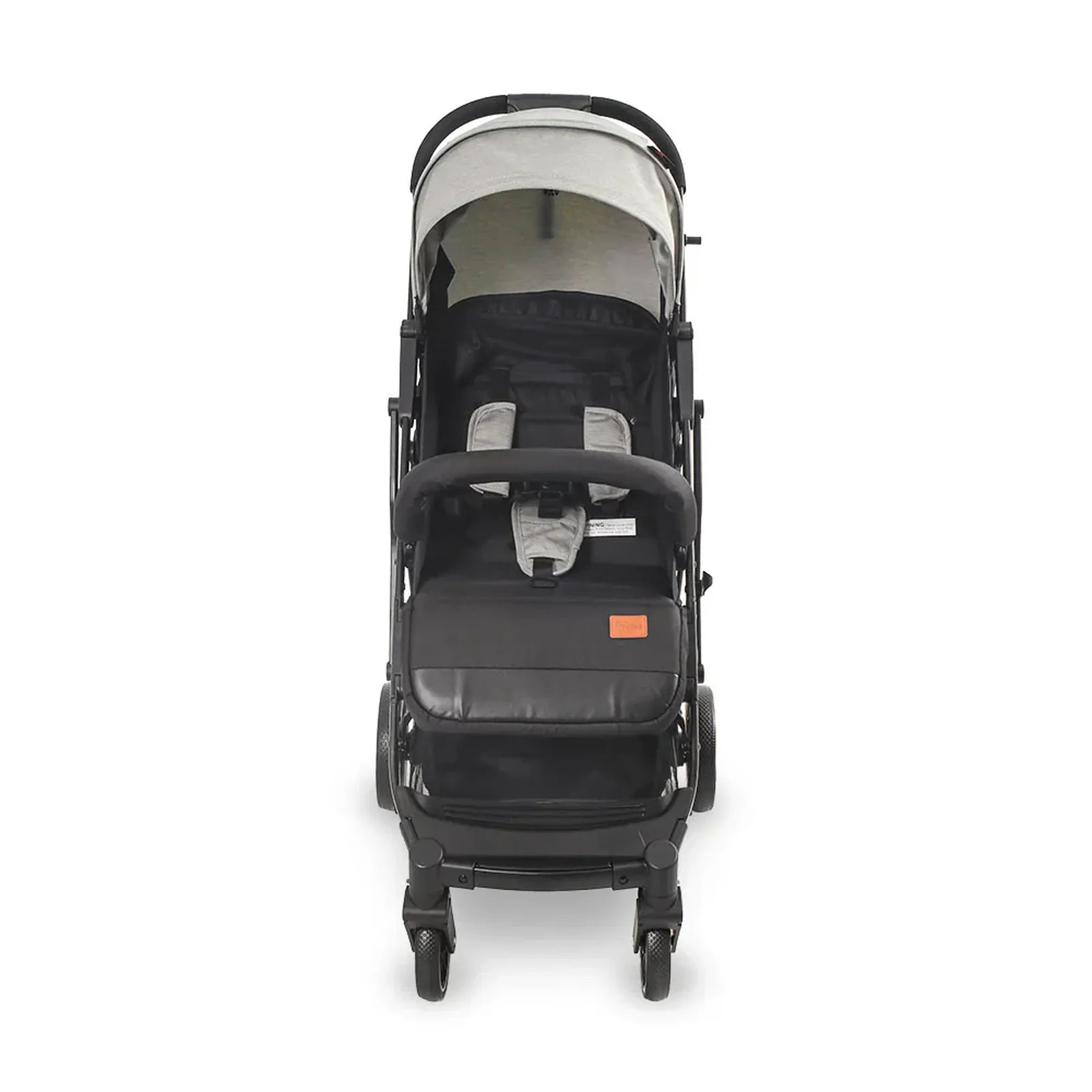 Black and gray stroller on a white background