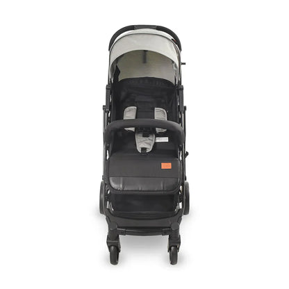 Black and gray stroller on a white background