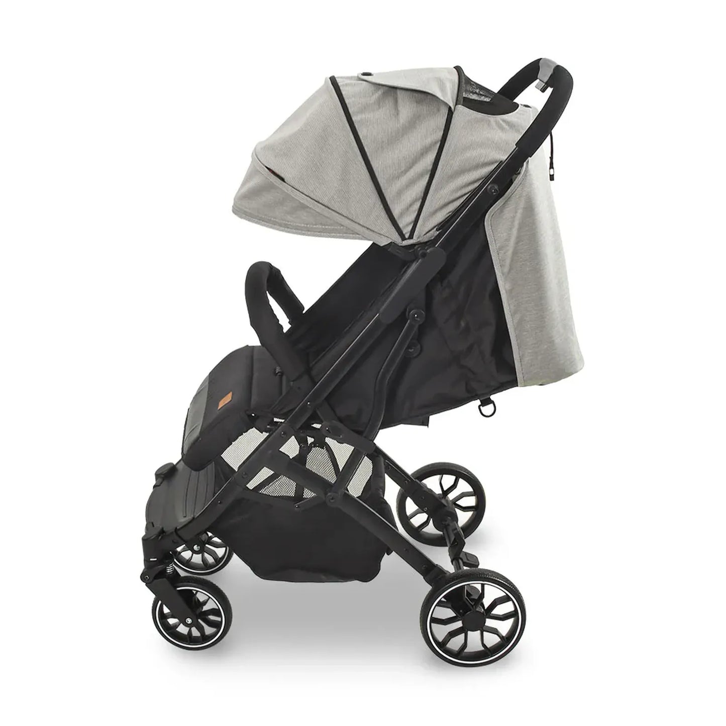 Black and gray stroller on a white background