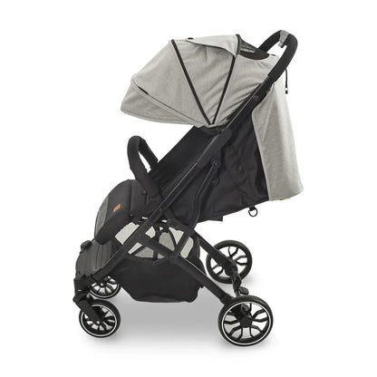 Black and gray stroller on a white background