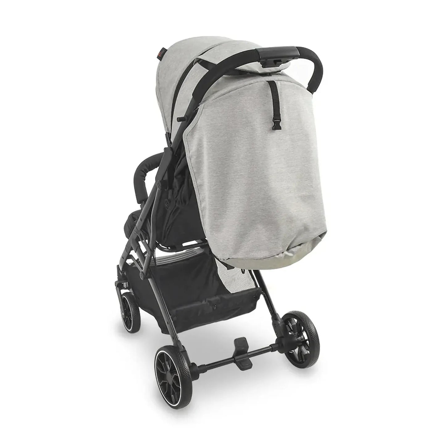 Gray and black stroller on a white background