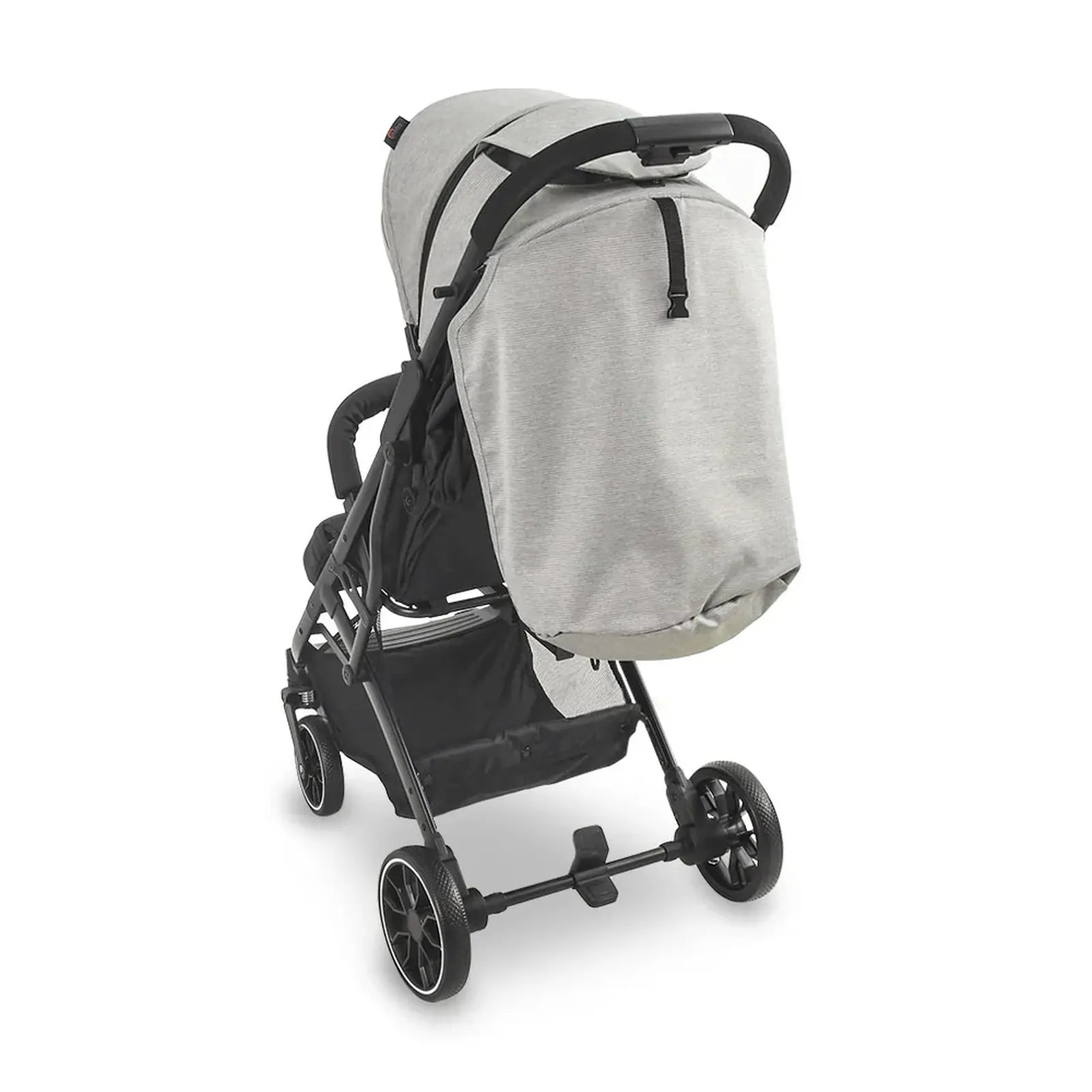 Gray and black stroller on a white background