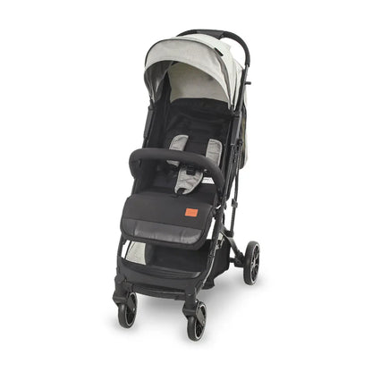 Black and gray stroller on a white background