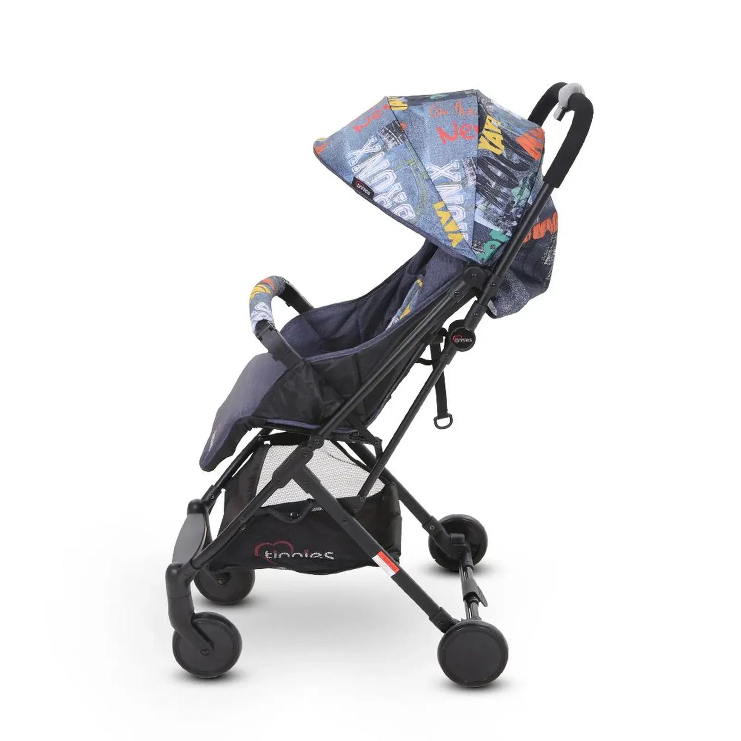 Children's stroller with colorful canopy on a white background