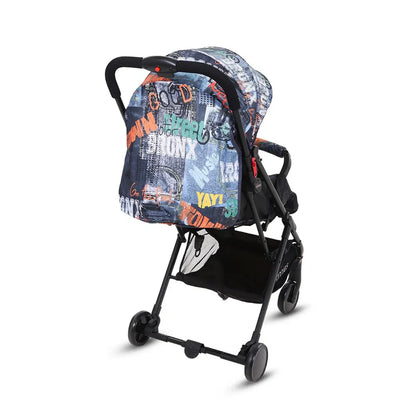 Baby stroller with colorful pattern on a white background