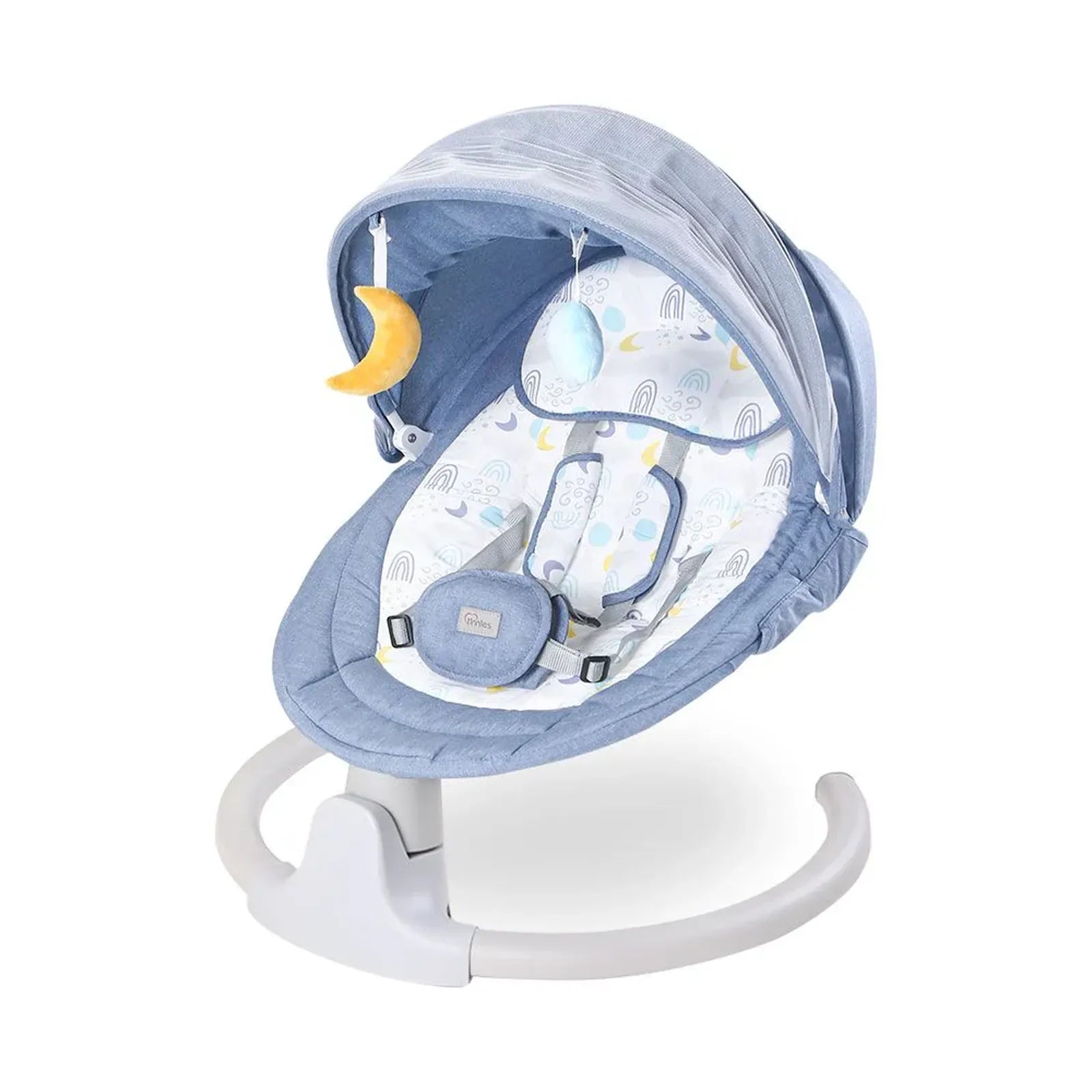 Baby swing with blue cover and white interior on a white background