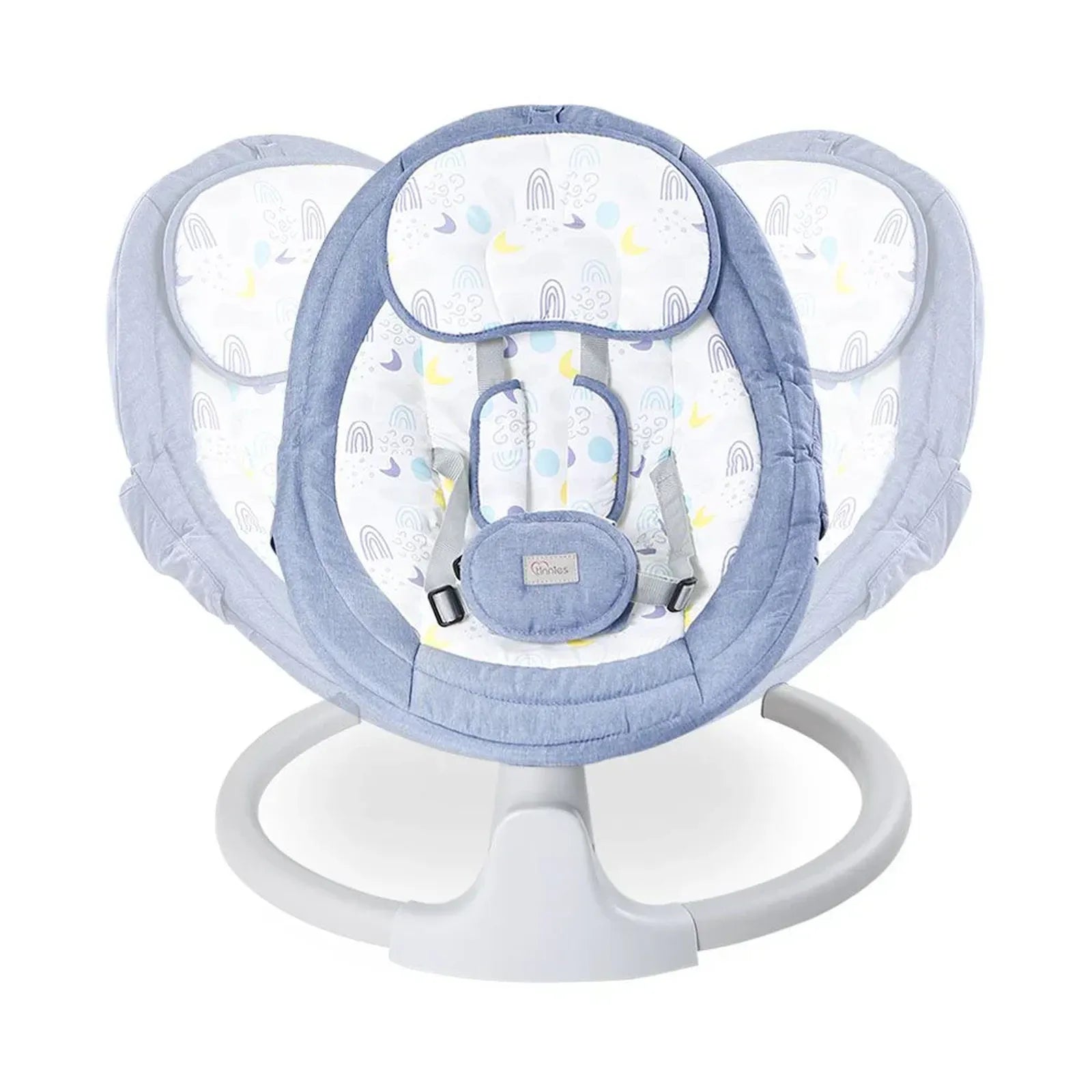 Baby swing with blue fabric and white base on a white background