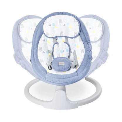 Baby swing with blue fabric and white base on a white background